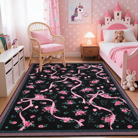 GlowSol Washable Area Rug – Non-Slip Soft Low Pile Floral Bow Carpet, Botanical Print Accent – Living Room, Bedroom, Nursery, Dining – Black, 5x7ft