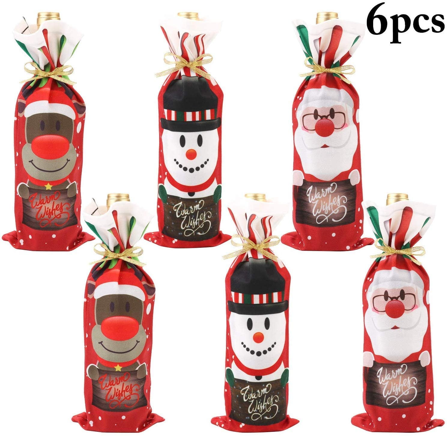 6PCS Christmas Wine Bottle Bags, Xmas Red Wine Bottle Cover Bags with