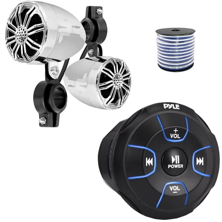 Pyle PLMRBT18 Bluetooth Audio Amplified Marine Waterproof Controller, Pyle PLMR22CR 2.25’' 10 Watts Max Power Full Range Off-Road Chrome Boat Speakers (1 Pair), 50 Feet 18 Gauge Speaker Wire