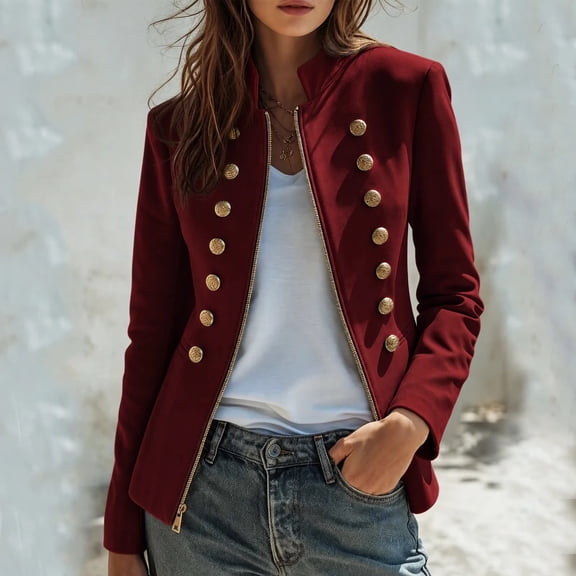 Maqroz Napoleon Jacket for Womens Stand Collar Long Sleeve Double Breasted Outerwear Gold Decor Buttons Tailored Structured Dressy Jacket for Evening Occasions