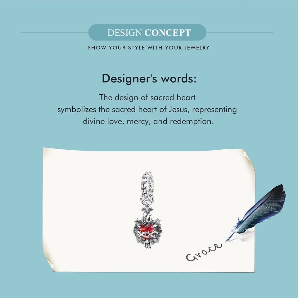 Sacred Heart Pendant Charm, 925 Sterling Silver Charm Bracelet Accessory, Compatible with 3mm-4.5mm Bracelet