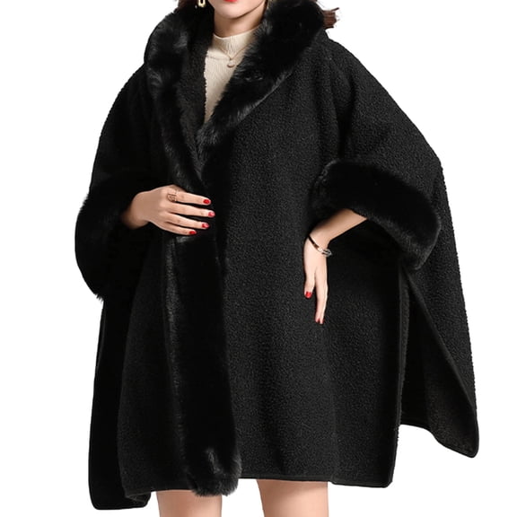 JGGSPWM Hooded Cloak Faux Rabbit Furry Cape Coat Women's Solid Color Shawl Plus Size Warm Fringed Jacket Black Free Size