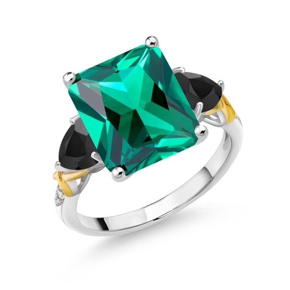 Gem Stone King 925 Silver and 10K Yellow Gold Green Nano Emerald Black Onyx and Diamond 3 Stone Ring for Women (6.22 Cttw, Gemstone May Birthstone, Emerald Cut 12X10MM, Size 7)