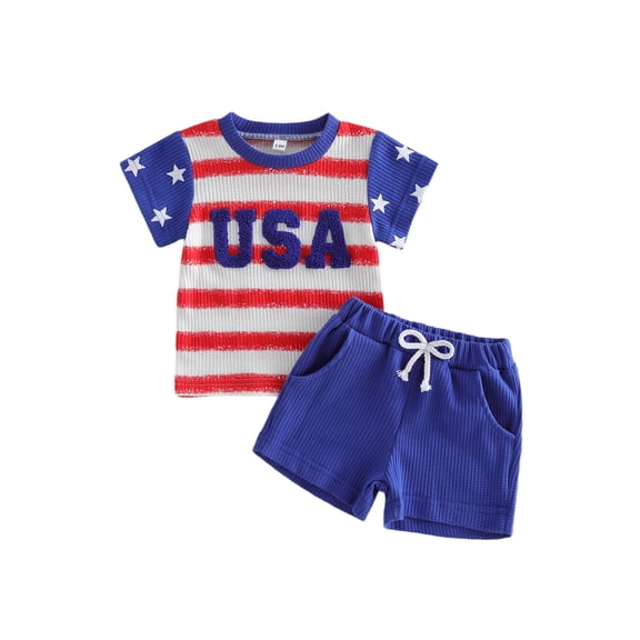Cenuakty Toddler Baby Boy 4th of July Outfit Striped Star Short Sleeve T-Shirts and Solid Shorts 2 Piece Waffle Clothing Set