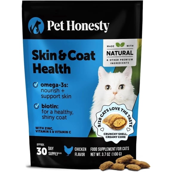 Pet Honesty Dual Texture Skin & Coat Health Supplement for Cats with Omegas, Vitamin C & E, Biotin – Soothes Itchy, Dry Skin, Reduces Shedding & Promotes a Shiny Coat (Chicken 30-Day Supply)