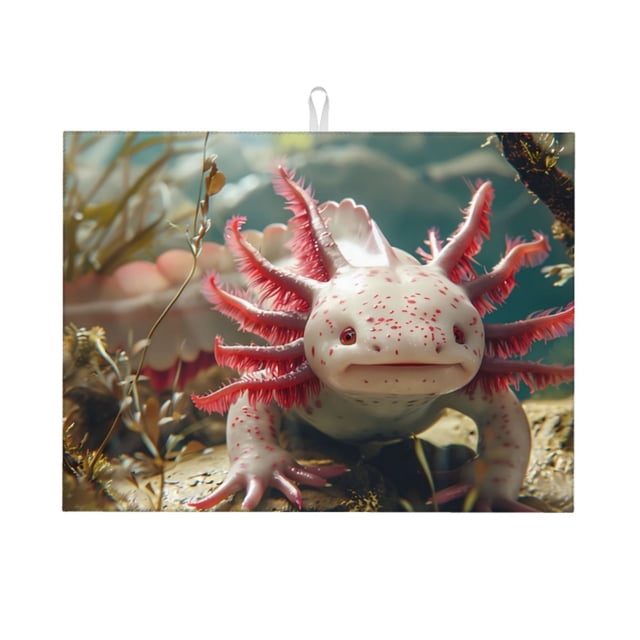 Wukai Colorful Axolotl Underwater for Microfiber Placemat, 18x24 Inch Kitchen Drying Mat for Countertops, Sinks, Drains