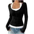 thumbnail image 2 of UQJfacai Womens Long Sleeve Henley T-Shirts Button Ribbed Knit Scoop Neck Slim Fitted Basic Crop Tops Blouse Patchwork Y2k Clothes, 2 of 6