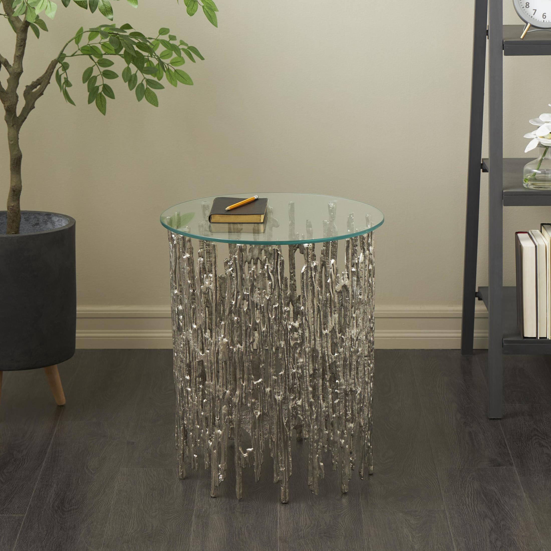 DecMode 18" x 21" Silver Aluminum Metal Metallic Cutout Abstract Accent Table with Glass Tabletop, 1-Piece