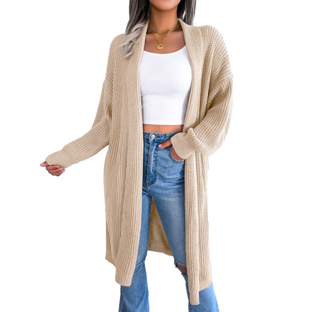 Cárdigan de punto para mujer, abrigo de punto, color puro, informal, solapa holgada, cárdigan largo, suéter de punto, chaqueta, albaricoque L