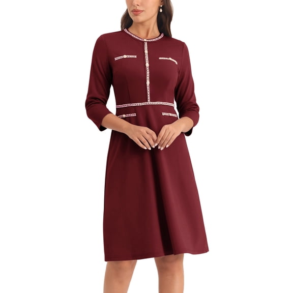 VESTIDO A-LINE para mujer INSPIRE CHIC con ribete de tweed, mangas 3/4, vestidos de oficina en rojo oscuro