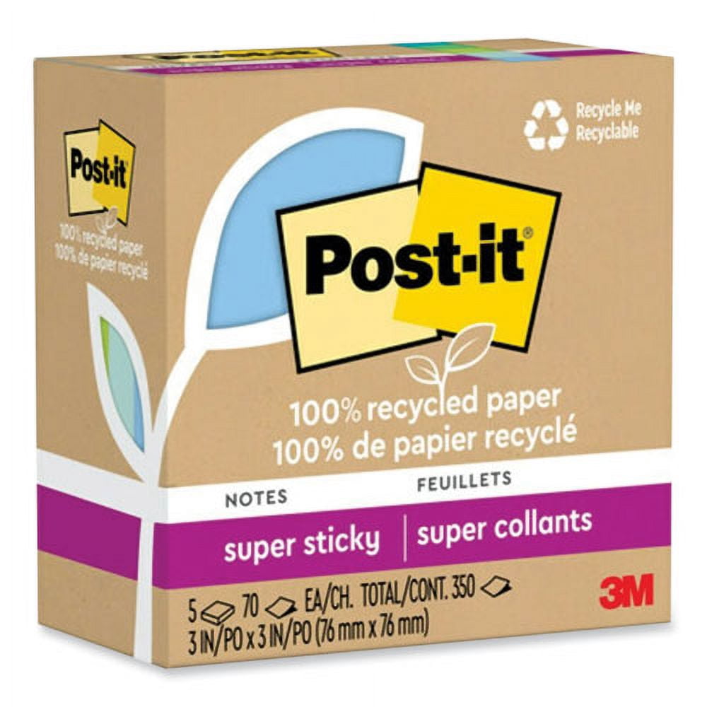 100% recycled paper super sticky notes, 3" x 3", oasis, 70 sheets/pad, 5 pads/pack | Bundle of 2 Packs