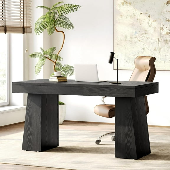 1Easylife 55 Inches Long Computer Desk, Large Wooden Home Office Desk with Heavy Duty Pedestal, Modern Simple Style Study Writing Desk for Home Office, Black