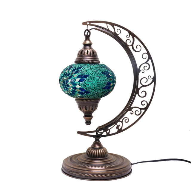 Asylove Turkish Moon Lamp - Mosaic Moroccan Table & Floor Light, Authentic Meditation Lamp - Total Dim. 7.5 x 11 x 18 inches (Turquoise)