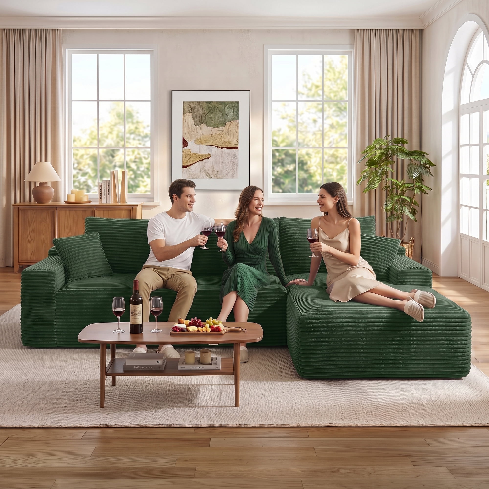Aukfa 107" Boneless Modular Sectional Sofa, L-Shaped Corduroy Couch with Deep Seat and Right-Facing Chaise for Living Room, Emerald