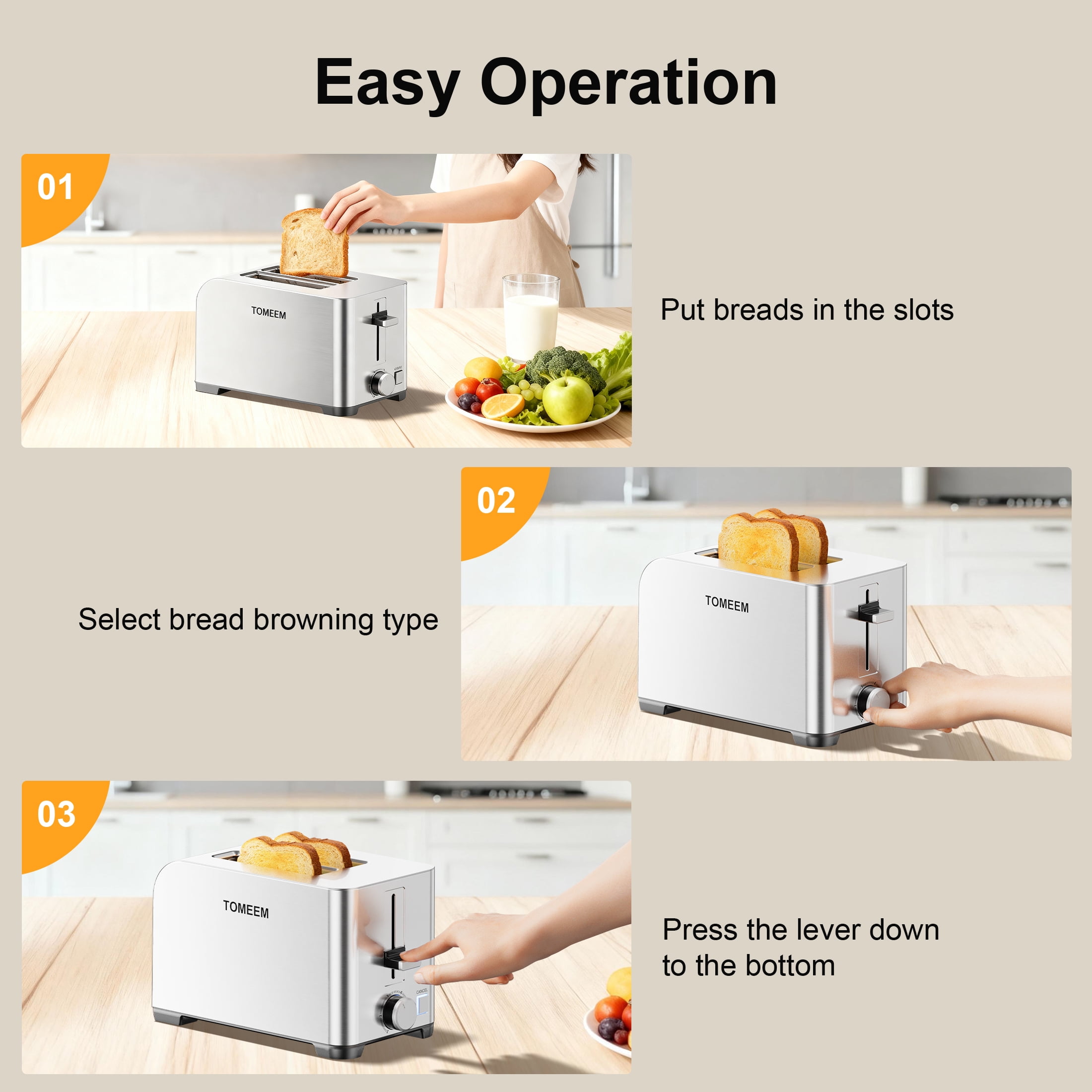Tomeem 2-Slice Toaster with 6 Shade Settings, Removable Crumb Tray and Self-centering Guide, Stainless Steel