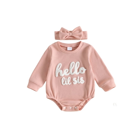Cjfdfy Newborn Baby Girl Fall Outfit Hello Sis Embroidered Long Sleeve Waffle Knit Romper With Hairband Cute Baby Coming Home Fall Winter Clothes 0-18 Months