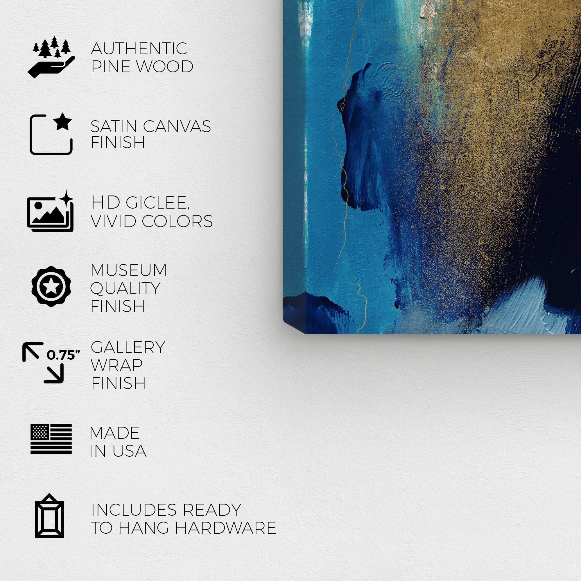 Golden Blue Mix Abstract Wall Art Print White 24x36