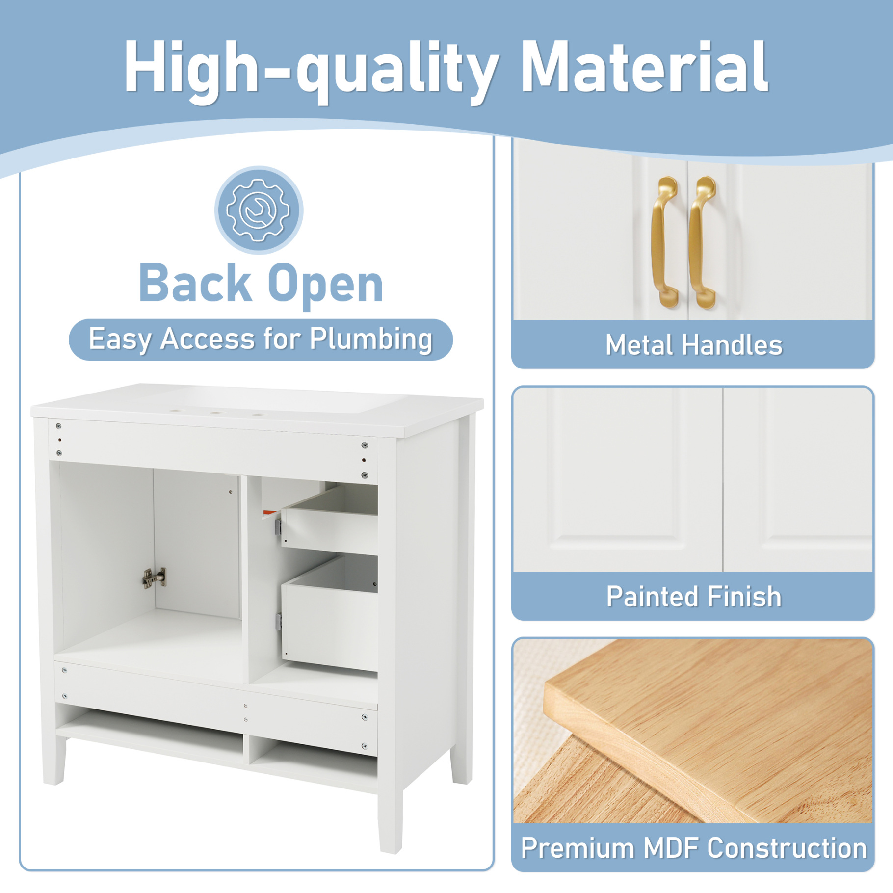 36" Bathroom Vanity with Sink, Modern Bathroom Storage Cabinet with 4 Drawers and 2 Soft-Closing Doors, Freestanding Solid Wood Bathroom Vanities, White
