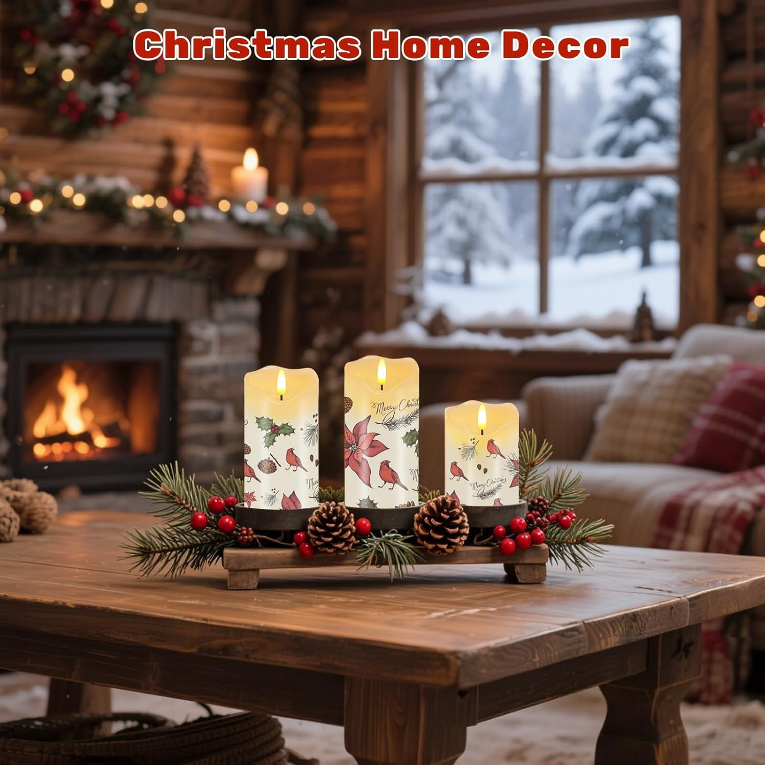 Christmas Flameless Candles, Set of 3 Flickering Red Cardinal LED Candles with Remote & Timer, Dimmable Real Wax Electric Pillar Candles Battery Operated for Home Christmas Decor