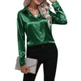 thumbnail image 3 of Satin Blouses for Women Casual Long Sleeve Button Down Shirts Dressy Business Work Tunic Top Dark Green M, 3 of 9