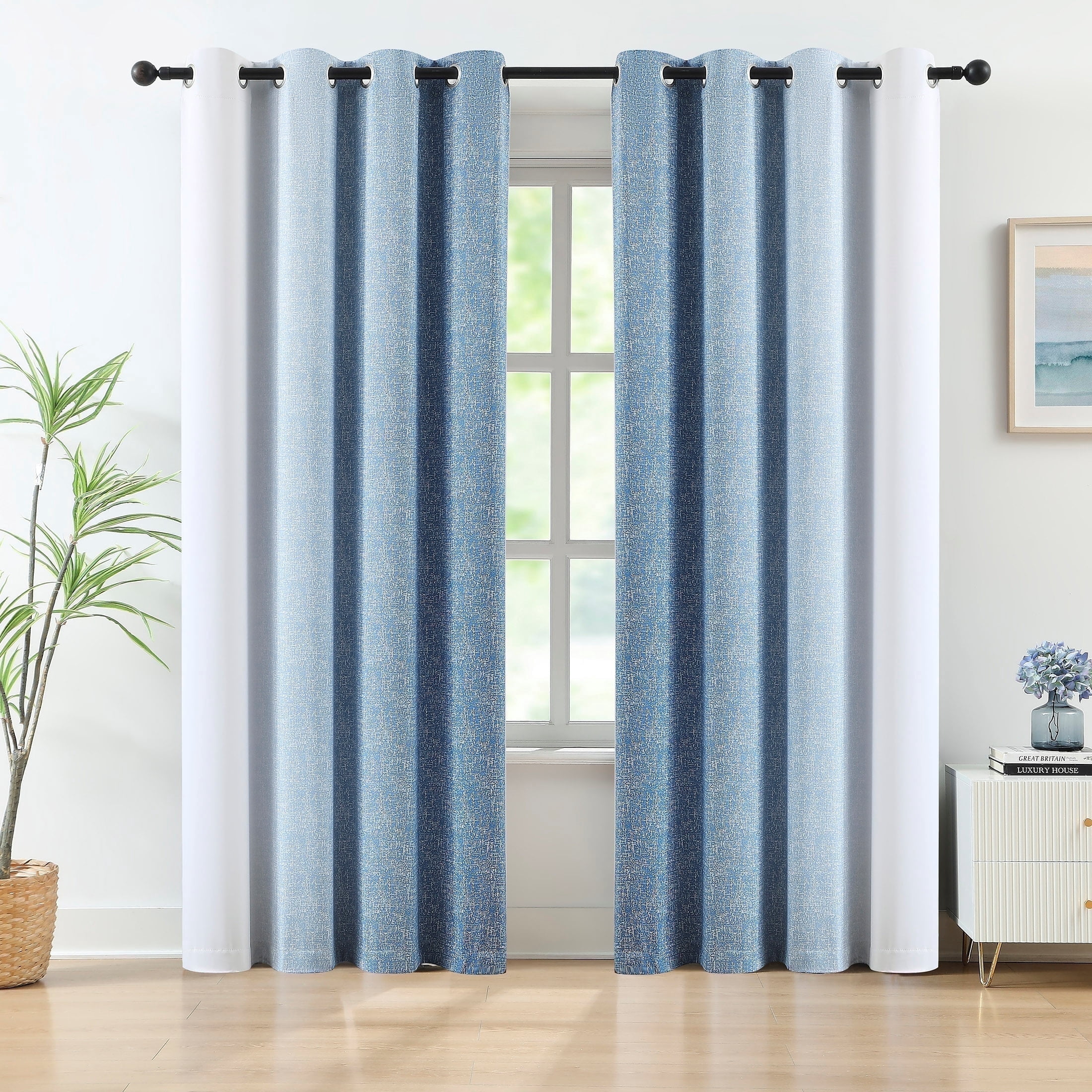 Junvictex Ombre Blue Blackout Curtains, Grommet Style, Triple Weave with Black Layer for Superior Light Blocking and Heat Absorption, Perfect for Bedrooms,54"x84"