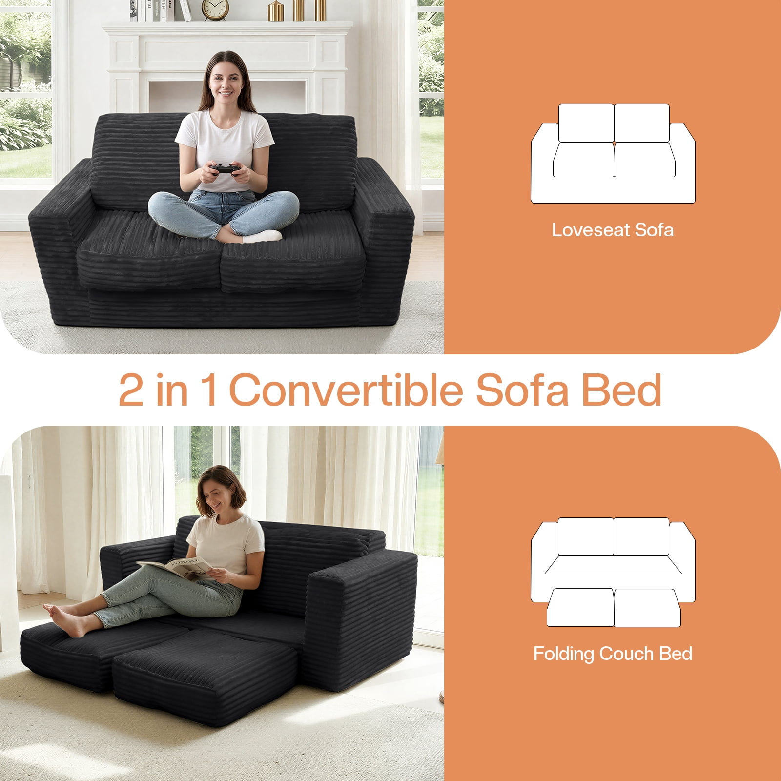 Kelyda 61''Boneless Loveseat Sofa, Modern Cloud Convertible Sofa Bed Couch Sleeper Chairs for Living Room Grey