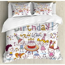Kids Birthday Duvet Cover Set King Size, Kindergarten Children Celebration Festive Set Up Creamy Cake Candle Print, Decorative 3 Piece Bedding Set with 2 Pillow Shams, Multicolor, by Ambesonne