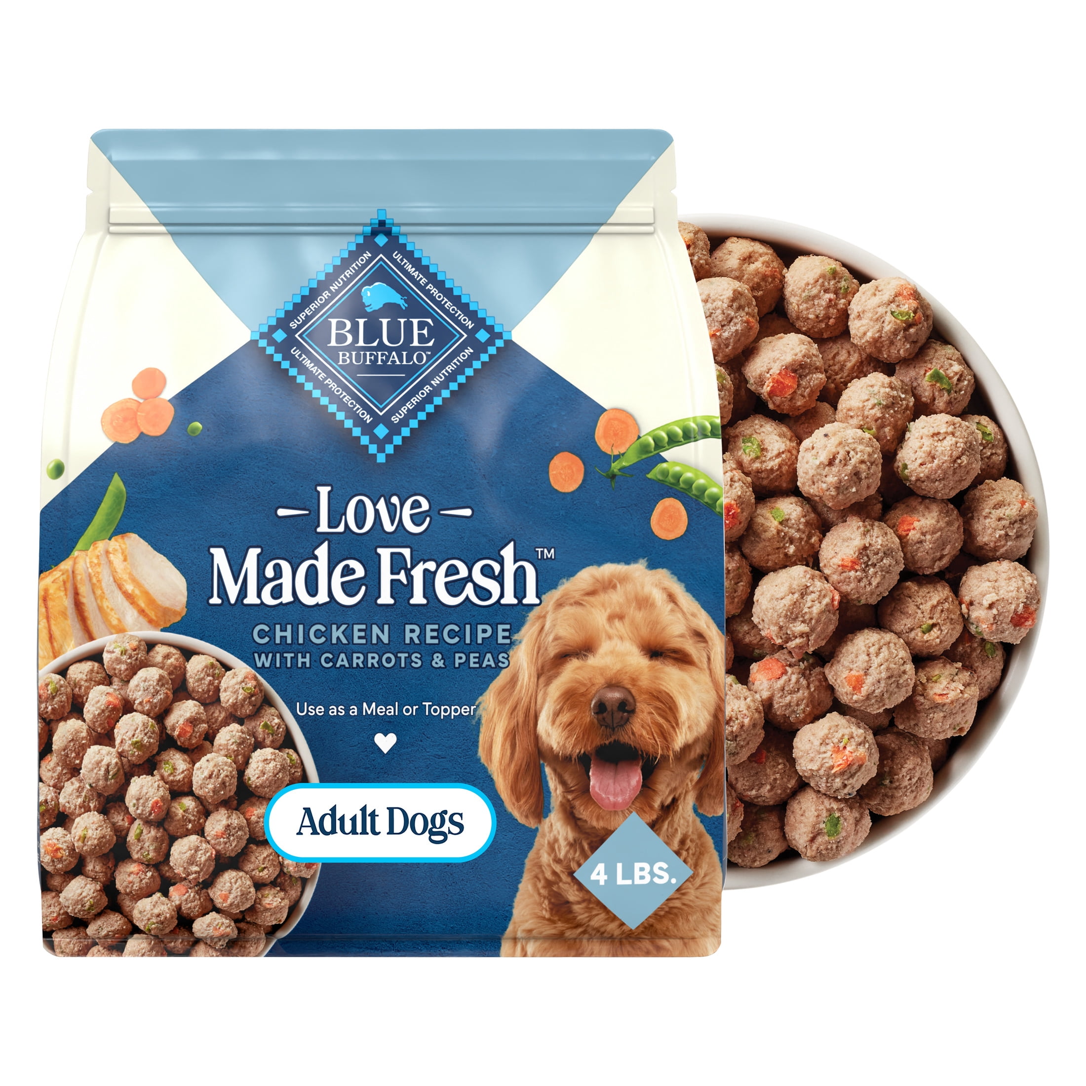 (3 pack) Blue Buffalo Love Made Fresh Adult Refrigerated Dog Food, Chicken Meatball 4lb Pouch