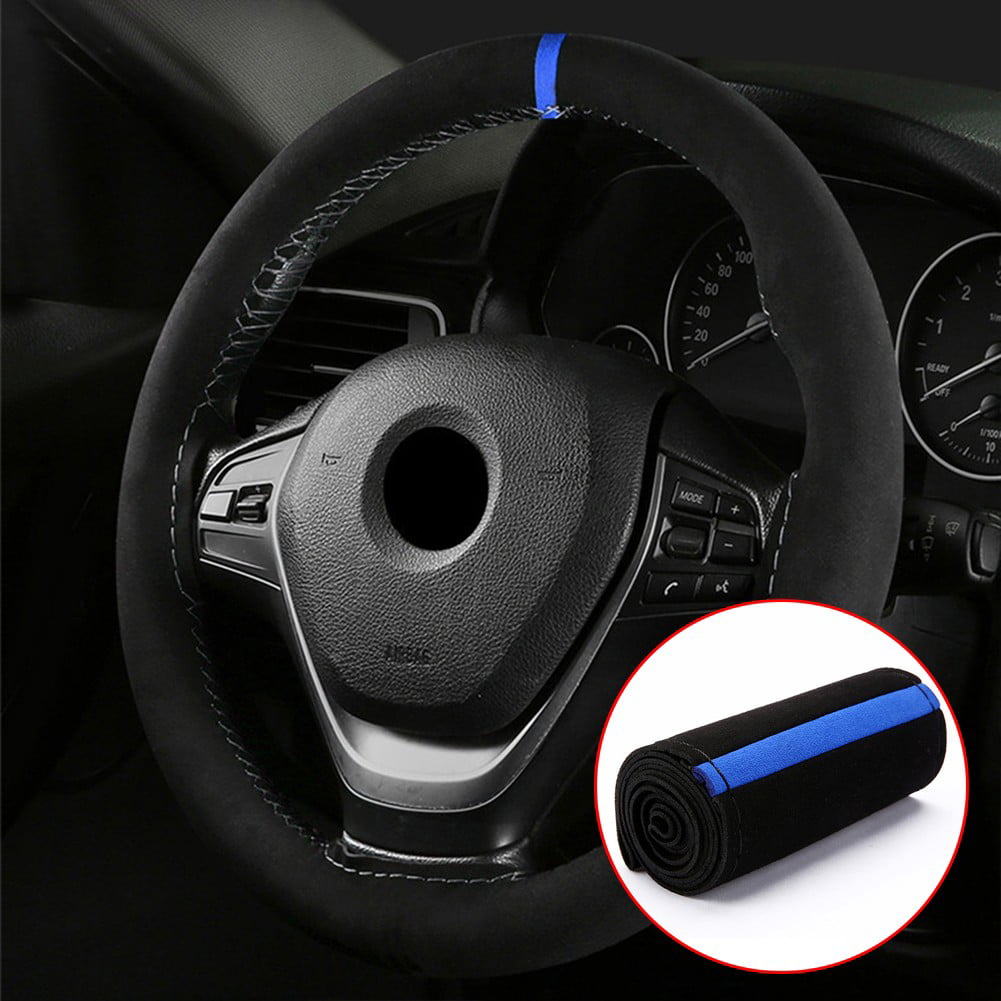38cm Universal DIY Car Black Steering Wheel Cover Suede Super Fiber Leather 