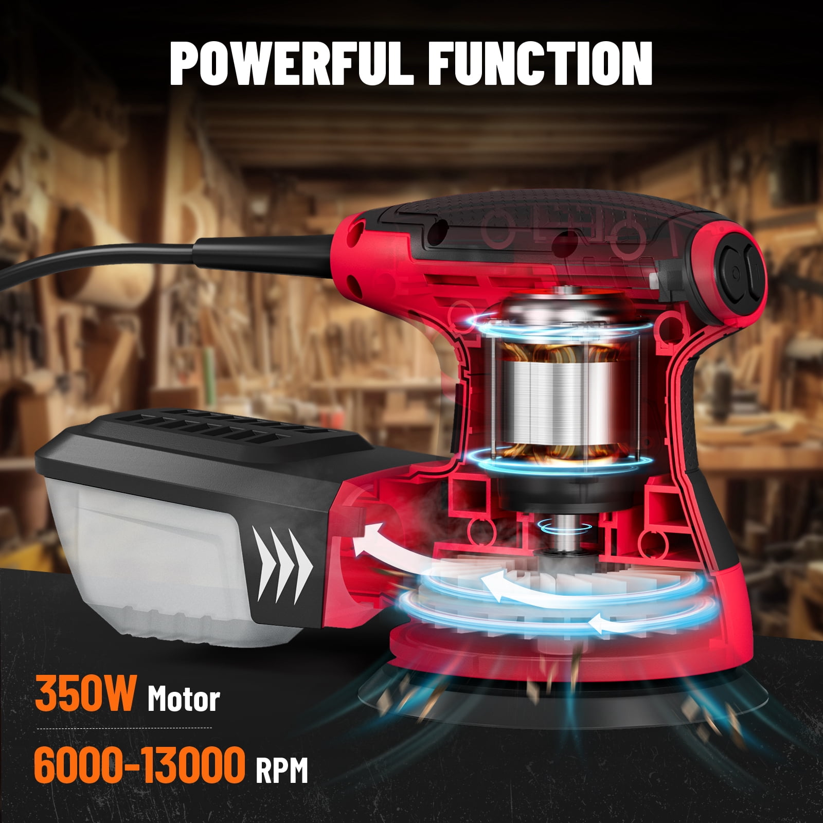 DOVAMAN 3A Orbital Sander, 6-Speed Random Orbit Sander, 13000 RPM, 5" Sanding Pad, Dust Collection, 12 Sandpapers Included, Ideal for Woodworking - ROS01A