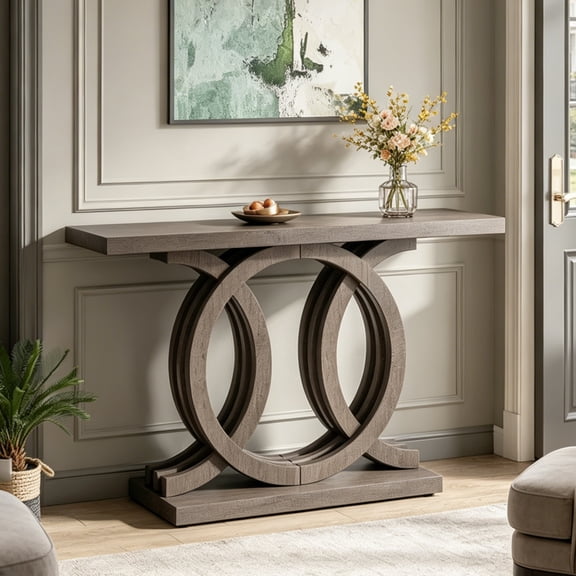Fnova 55" Console Table with Geometric Base, Modern Wood Narrow Entryway Table Sofa Table for Living Room, Hallway, Foyer