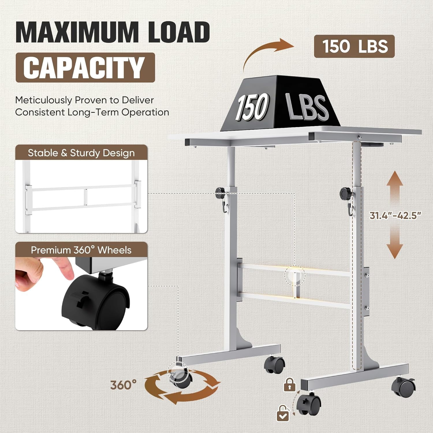 MorandiMal Small Portable Standing Desk Adjustable Height, Mobile Stand Laptop Computer Workstation with Lockable Wheels for Walking Pad Treadmill (White)