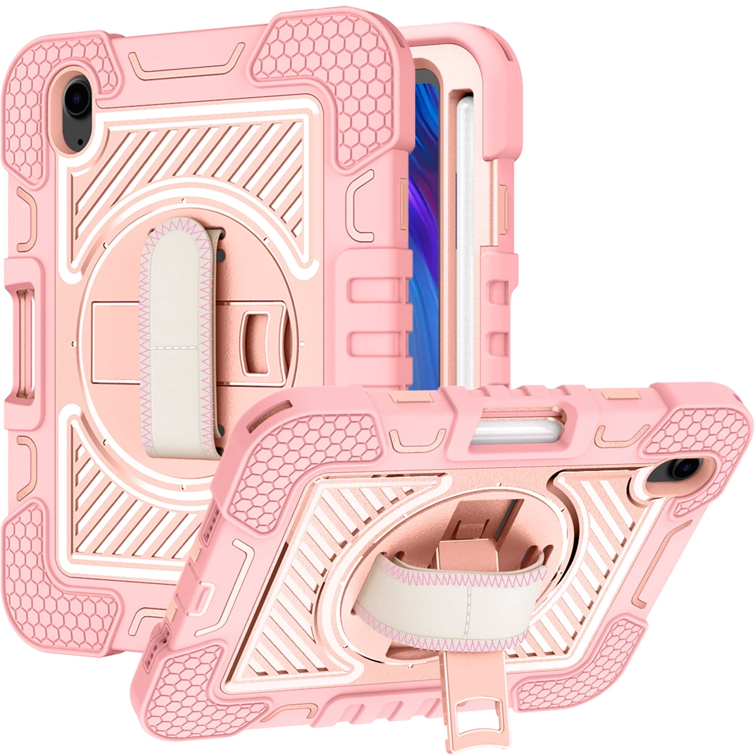 For Apple iPad (A16) 2025 /iPad 10th Gen 10.9 Hybrid 3in1 Multi-Functional Shockproof Tablet Case with Hand, Shoulder Strap, Pencil & Stand Holder Case Cover [Rose Gold]