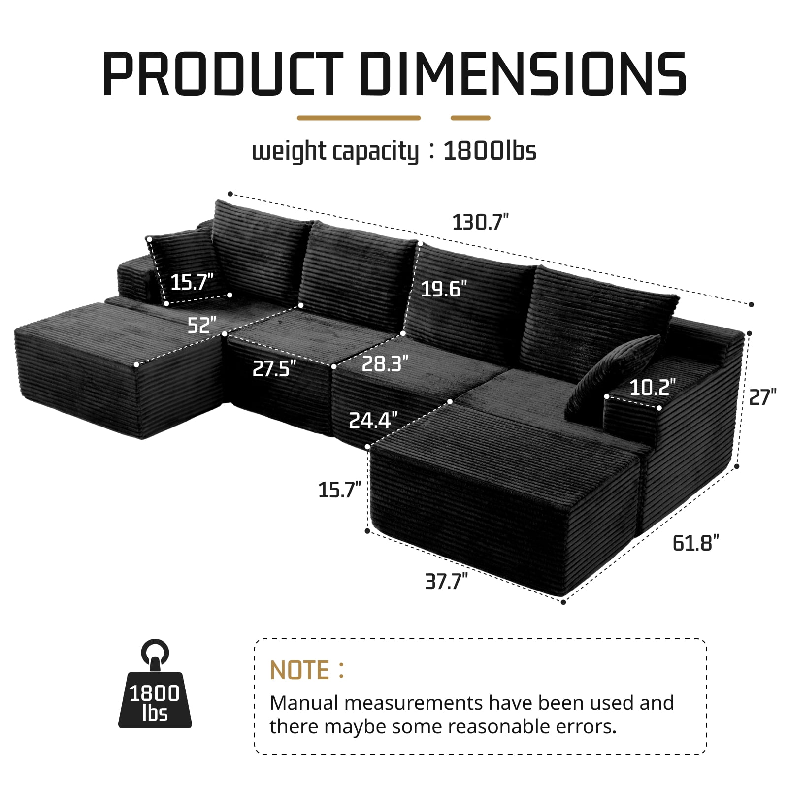 131" Oversized U Shaped Boneless Modular Sectional Sofa with 2 Ottoman and 6 Pillows