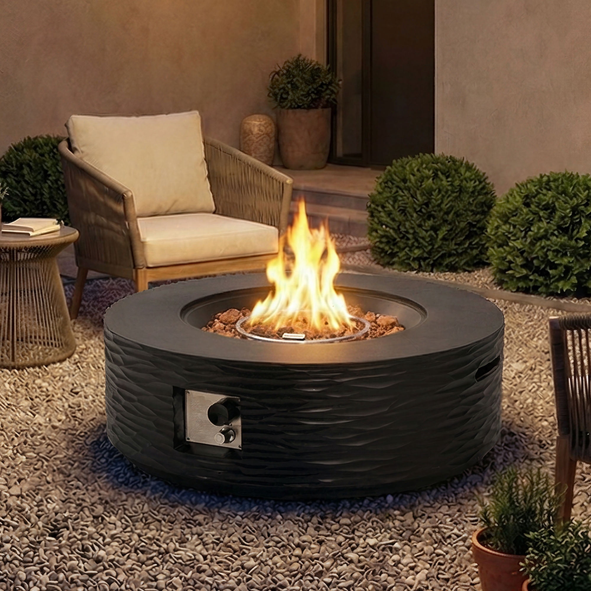 MOALCOFER 35" Round Propane Fire Pit,Outdoor Gas Fire Pit Table Water Ripple Design,Black