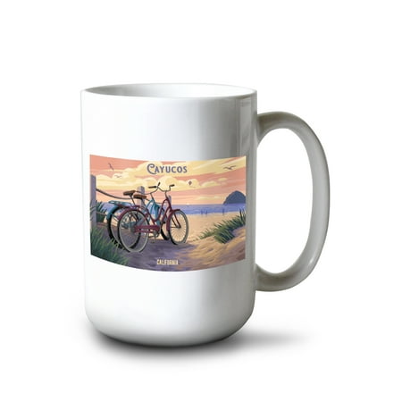 

15 fl oz Ceramic Mug Cayucos California Painterly The Beach Is Calling Beach Bikes Dishwasher & Microwave Safe