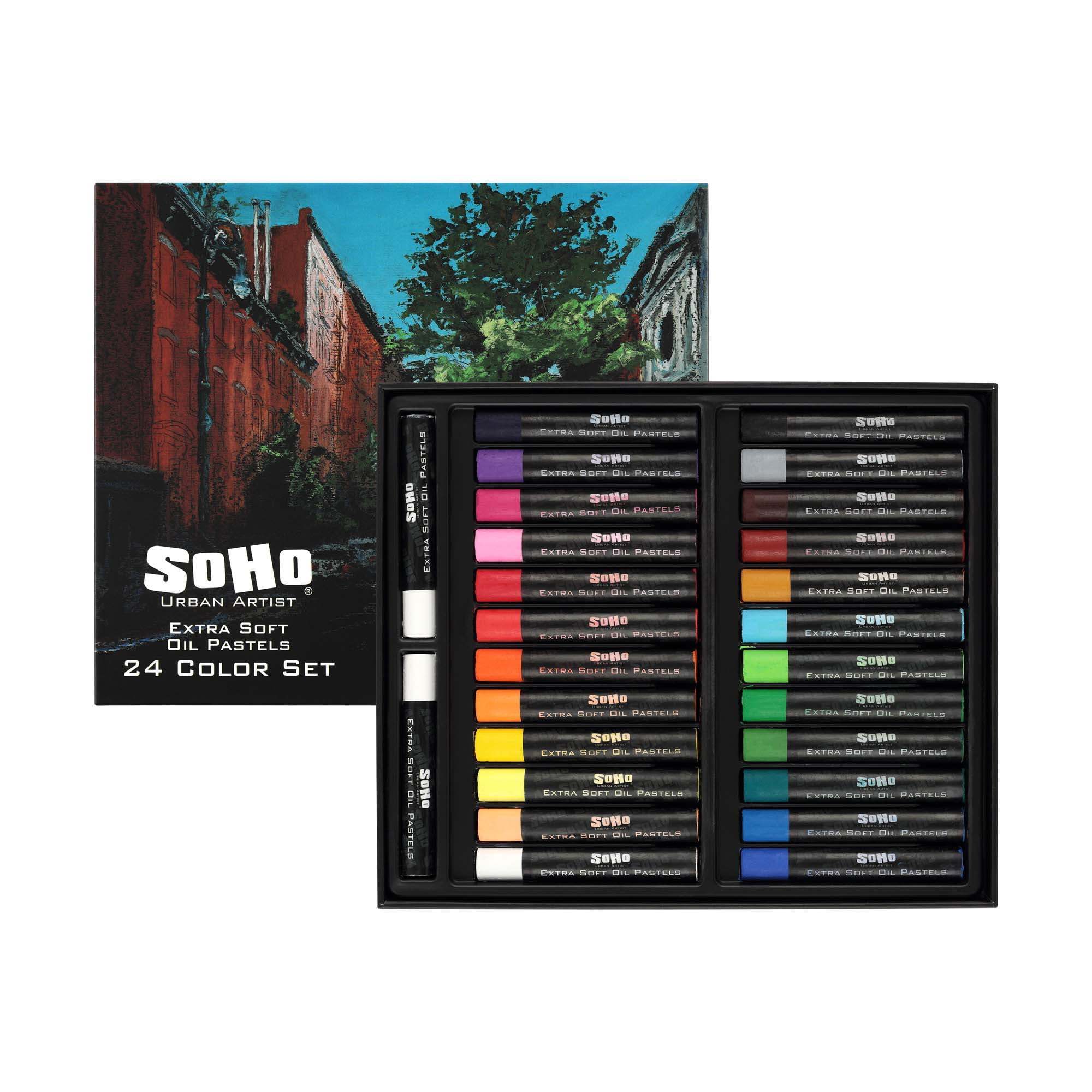 SoHo Urban Artist Extra Soft Oil Pastels Set of 24 & 9x12 Oil Pastel Pad Bundle – 20-Sheet Textured Paper for Blending, Layering & Drawing – Smooth, Pigmented Pastels & Acid-Free Sketchbook