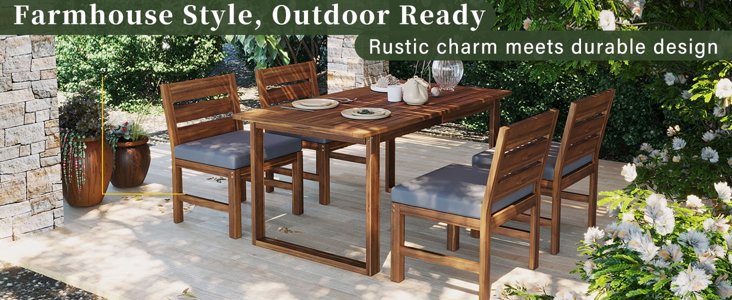 Mintazer 59" 5-Piece Outdoor Dining Set with Chairs & Cushioned, Farmhouse Patio Furniture Set for Garden Backyard Poolside, Brown & Gray