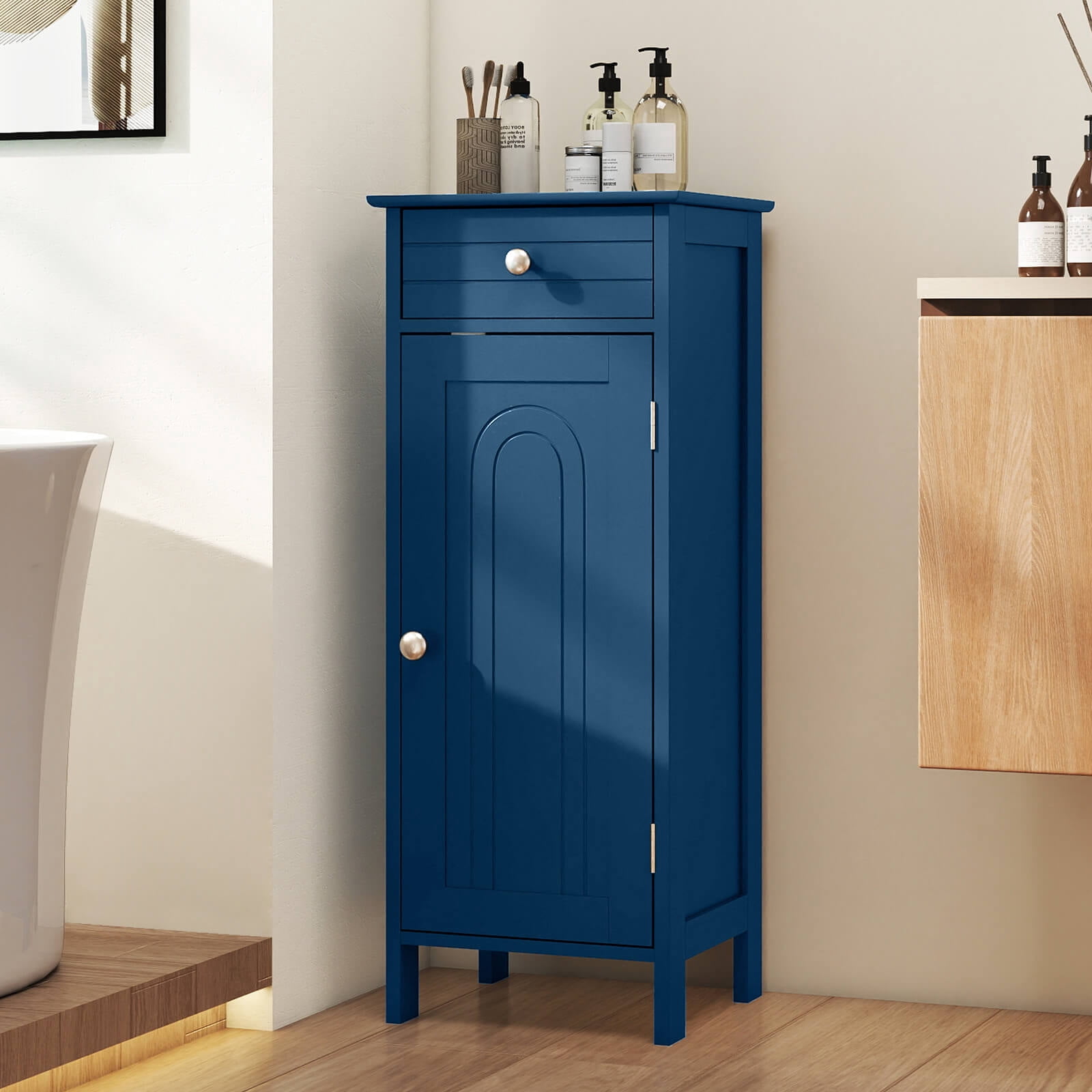 Costway Bathroom Floor Cabinet Storage Organizer Free-Standing with Drawer Gray Blue