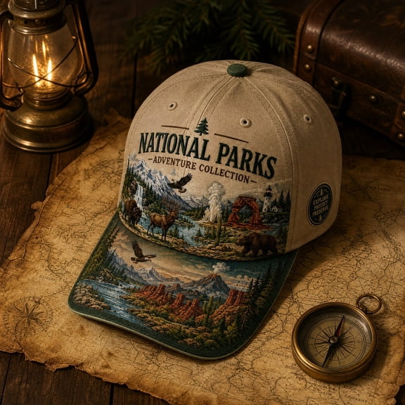 Kuokaa Outdoor Wildlife Adventure Trucker Hat, Vintage Nature Cap with Bear, Mountain and Forest Artwork for Hiking, Camping, Road Trips, Travel, Weekend Outings Wear (Khaki)