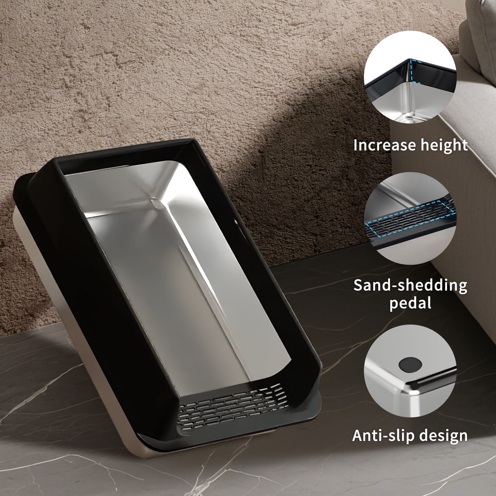Black L10 Half‑Enclosed Stainless Steel Cat Litter Box 15cm Deep Enlarged Basin Anti‑Scratch Leak‑Proof Non‑Stick Litter Pan for All Cat Sizes