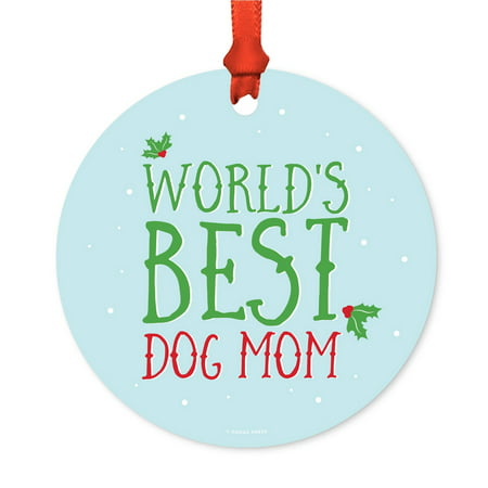 Funny Metal Christmas Ornament, World's Best Dog Mom, Holiday Mistletoe, Includes Ribbon and Gift