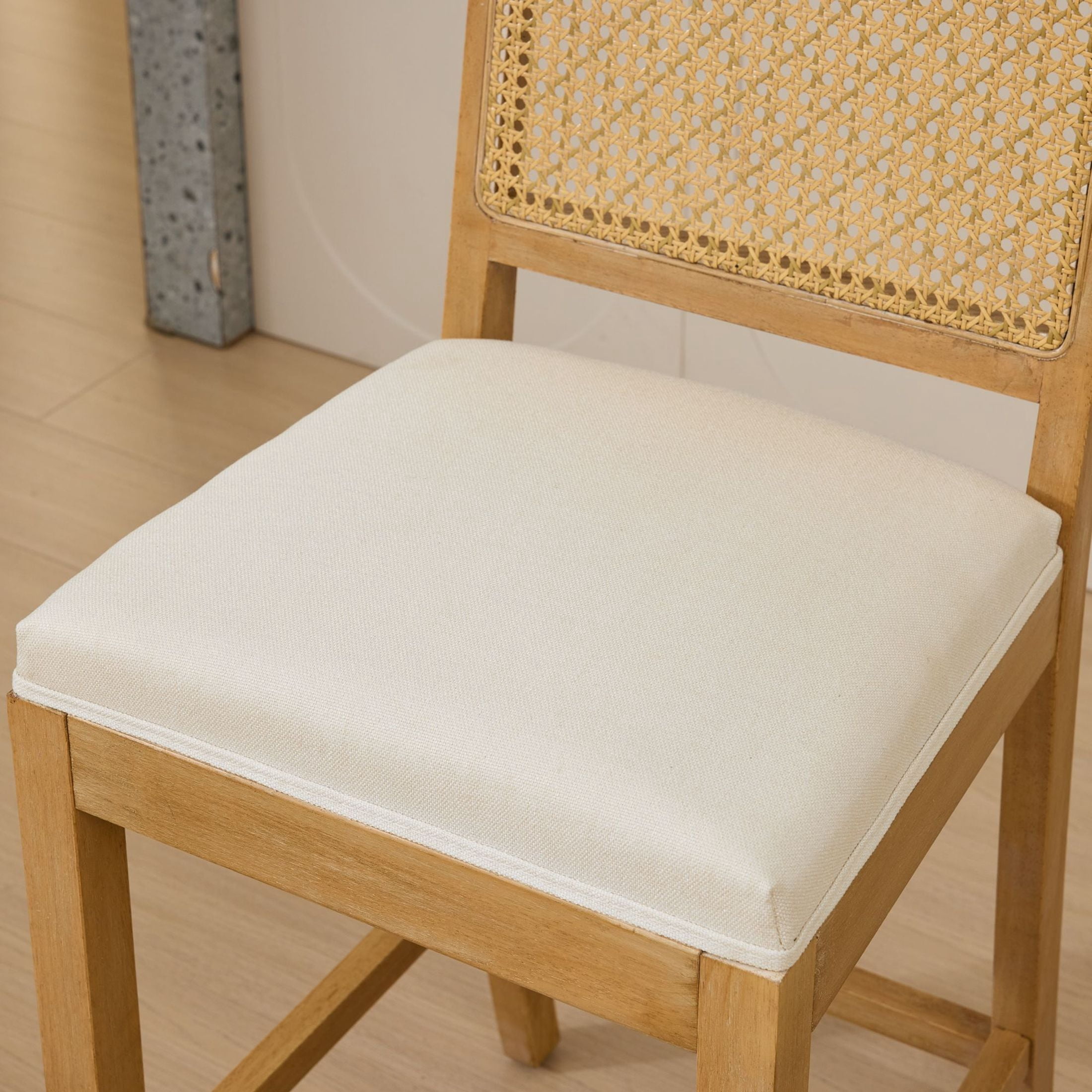 Noble House Set of 2 Rattan-Back Bar Stools, Linen Cushion, Solid Wood Frame, Beige