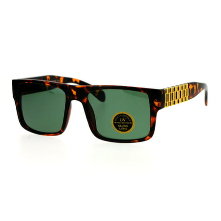 SA106 Mens Glass Lens Metal Chain Arm Flat Top Rectangular Sunglasses Tortoise Green