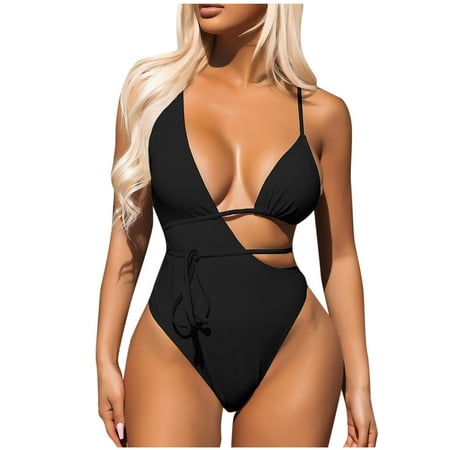 UTSJKR Women s Bikini Swimsuit Fashion Solid Color High Waisted Bathing Suits Sexy Hollow Out Monokini Swimwear Beachwear Black L