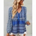 thumbnail image 3 of Blusa de manga larga con escote en V y estampado floral con cordón - Corte holgado para primavera/otoño - Azul L, 3 of 8