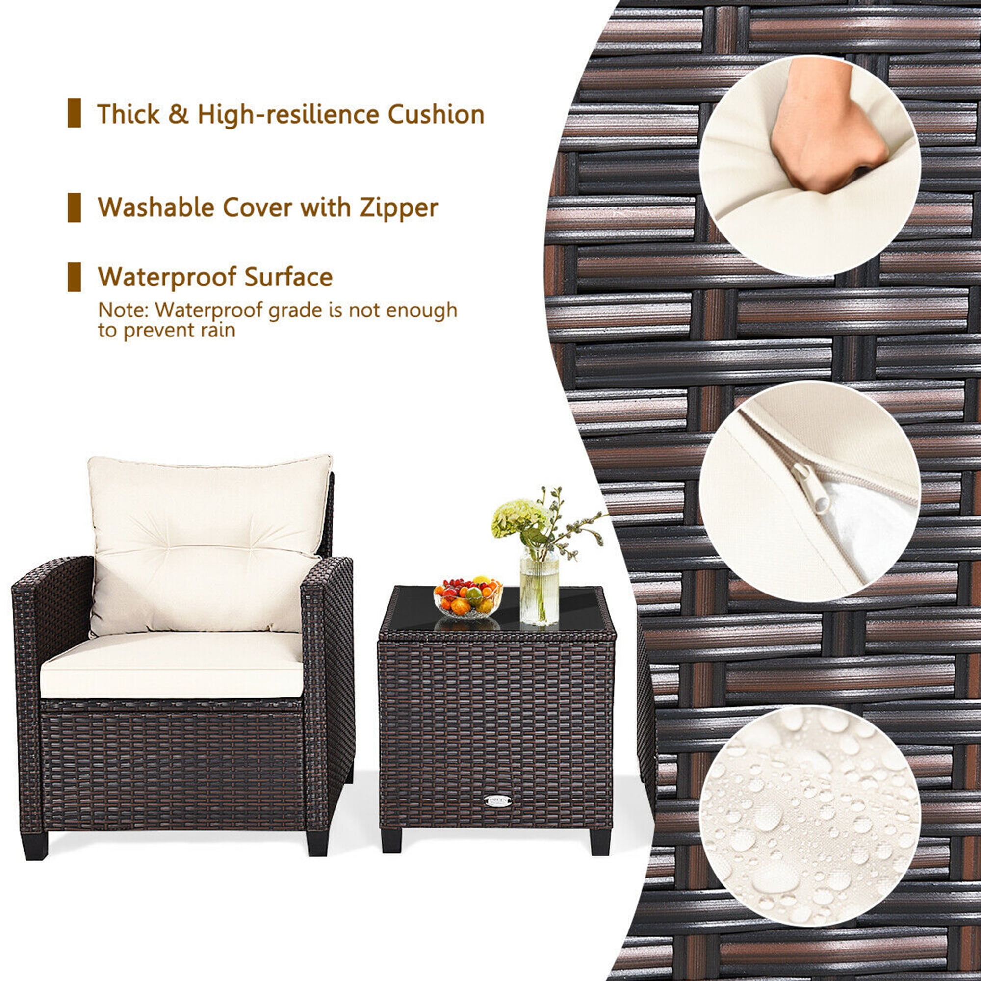 Gymax 3PCS Outdoor Patio Rattan Conversation Set Garden Yard w/ Off White Cushions