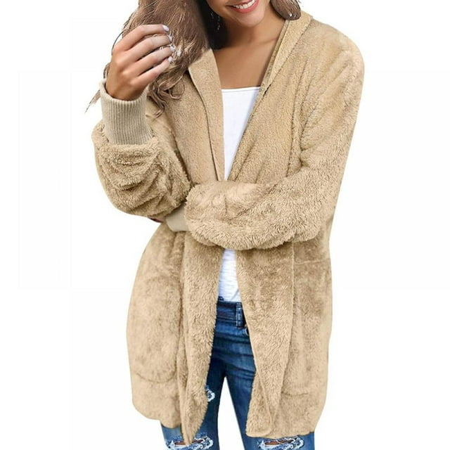 Causal Soft Hooded Pocket Jacket, Fleece Plush Warm Faux Fur Fluffy Female Autumn Jacket Coat