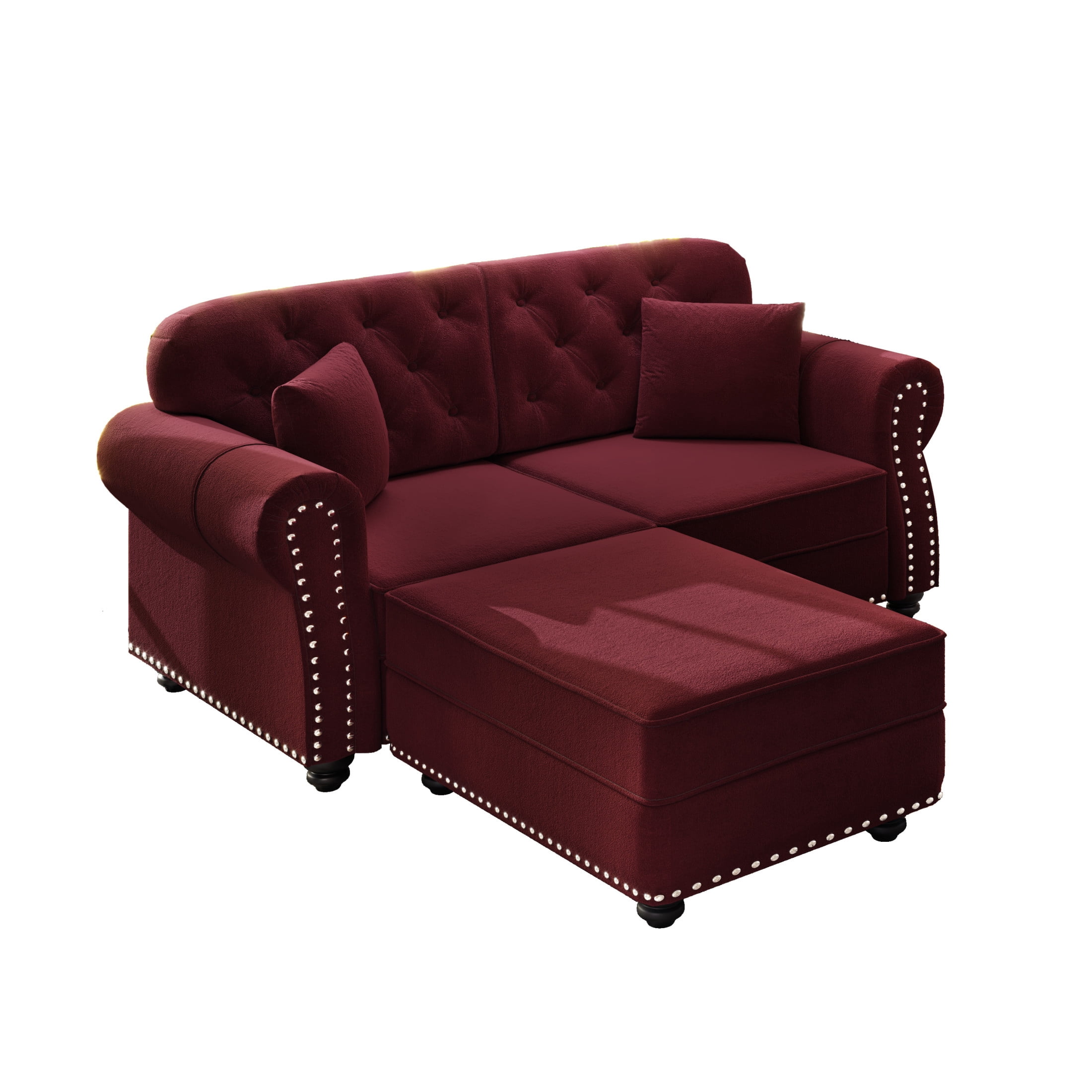Noble House Kieran 2-Seater Velvet Chesterfield Sofa, Modern Tufted Armchair with Nailhead Trim and Ottoman, Burgundy