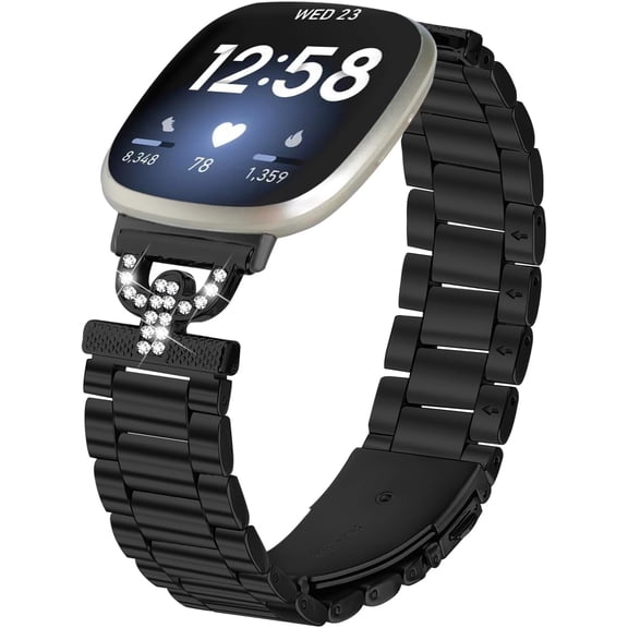 REQO Replacement Watch Bands Compatible for Fitbit Versa 4 3 Stainless Steel Dressy Jewelry Bracelet Slim Bling Crystal Classy Metal Strap